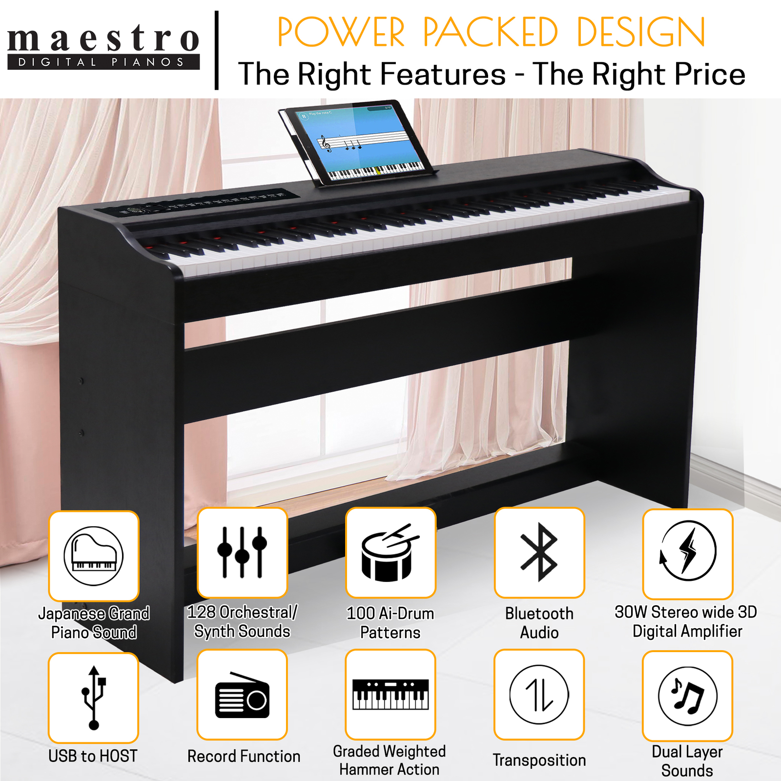 Maestro MDP410B 88Key Compact Digital Piano Hammer Action Black