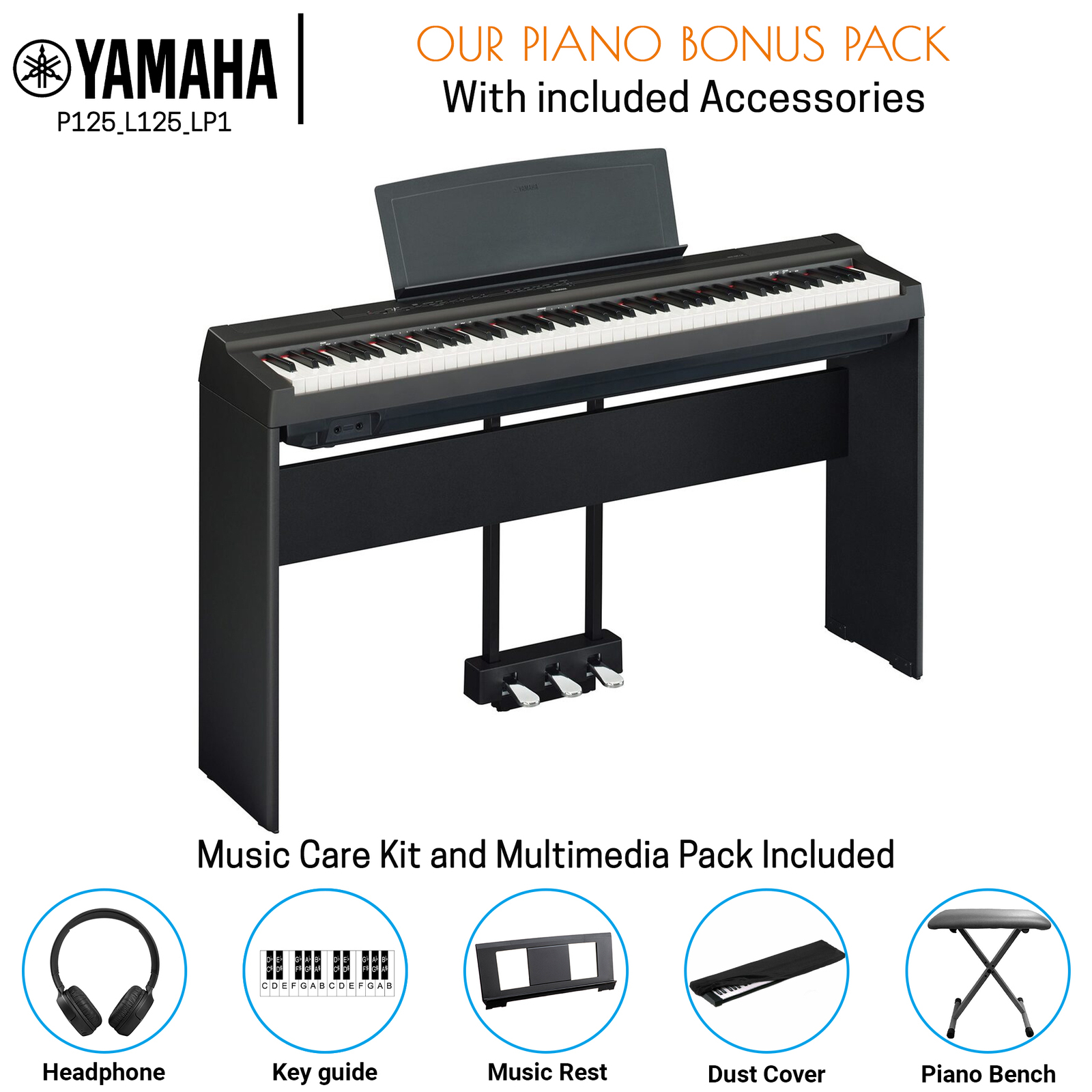 Yamaha P125A 88Key Weighted Digital Piano (Black) Complete Bundle