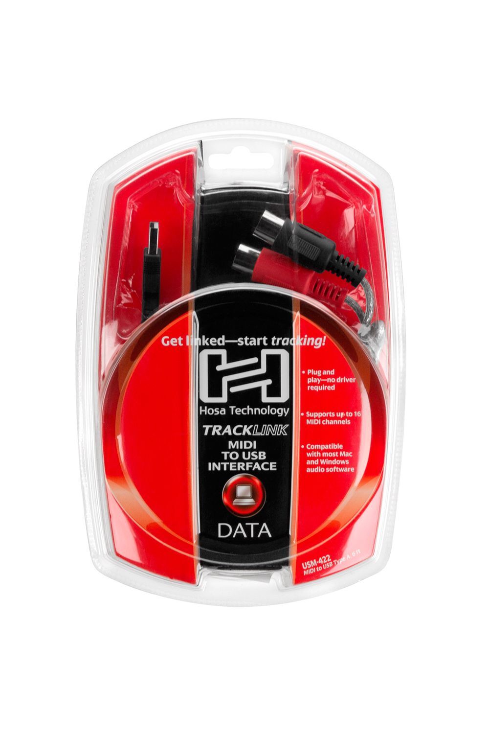 TRACKLINK MIDI to USB Interface, MIDI I/O to USB Type A, 6 ft HOSA