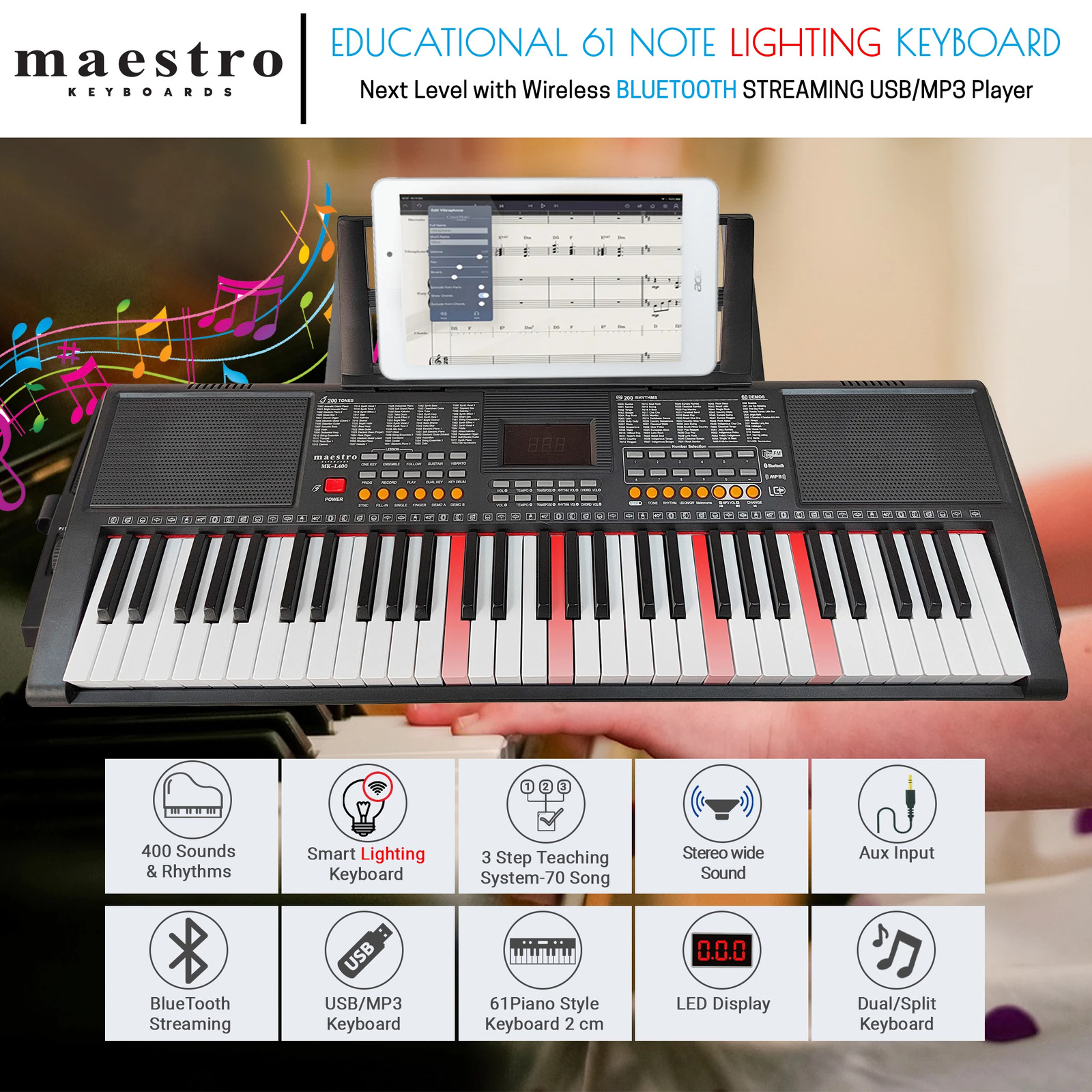 Beginner 61Key Student Learning Digital Piano Keyboard with Bluetooth