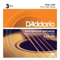 D'Addario EJ15-3D Phosphor Bronze Acoustic Guitar Strings, Extra Light - 3 Sets
