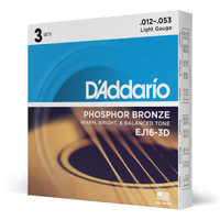 D'Addario EJ16-3D Phosphor Bronze Acoustic Guitar Strings, Light - 3 Sets
