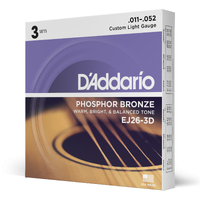 D'Addario EJ26-3D Phosphor Bronze Acoustic Guitar Strings, Custom Light, 11-52 - 3 Sets