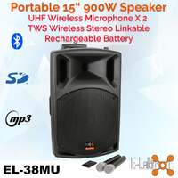 E-Lektron EL38-MU UHF 900W 15" inch Bluetooth Wireless linkable Loud Portable PA Speaker Sound System Recoding incl.2 Mics for Karaoke Party Event Spe