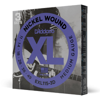 D'Addario EXL115 Nickel Wound Electric Guitar Strings, Medium/Blues-Jazz Rock, 11-49, 3 Sets