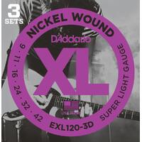 D'Addario EXL120-3D Nickel Wound Electric Guitar Strings, Super Light, 9-42, 3 Pack