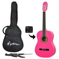 Martinez Full Size Beginner Classical Guitar Pack with Built-In Tuner (Hot Pink)