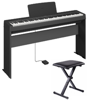 Yamaha P145 88-Key Weighted Portable Digital Piano W/ L100 Wooden Stand & Bench (Black)