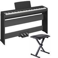Yamaha P145 88-Key Weighted Portable Digital Piano W/ L100 Wooden Stand, LP5A Pedal Unit & Bench (Black)