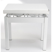White piano bench, padded, adjustable height, all metal construction
