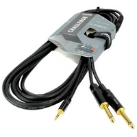 Instrument cable - 3.5 Stereo Jack-2 x 6.3 Mono Jack blk & gold - 1.5m - black